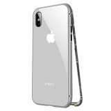 Husa iPhone X 360 Magnetic Protection Argintiu: Metal + Sticla, Rezistenta la Socuri si Zgarieturi, Inchidere Magnetica