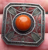 (144) BROSA DIN ARGINT CU CORAL IN FILIGRAN, VINTAGE, MODEL SUPERB, MANOPERA EXCEPTIONALA, ANII 1900