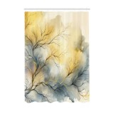 Perdea de duș galbenă cu ramuri fără frunze de toamnă pe fundal acuarelă &ndash; bej, castaniu pal, maro, amurg 175x200cm