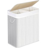 SONGMICS Cos de rufe din bambus cu capac, 2 compartimente, sac detasabil, volum 100L, 52x32x62cm, alb Household NewTrend