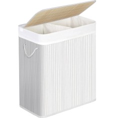 SONGMICS Cos de rufe din bambus cu capac, 2 compartimente, sac detasabil, volum 100L, 52x32x62cm, alb Household NewTrend foto