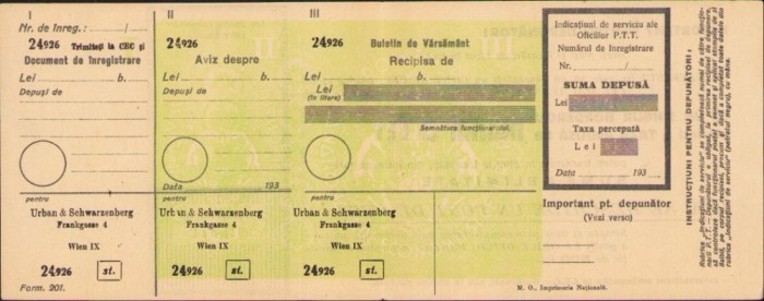 A1178 Buletin de vărsăm&acirc;nt CEC, Rom&acirc;nia, perioada regalității