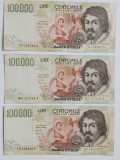 bancnote de 100000 lire italia 1994 - 60 lei bucata , au cate o ruptura de 1 cm
