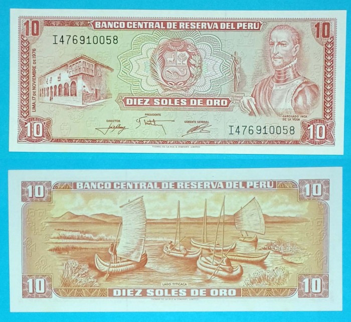 Peru 10 Soles oro 1976 &#039;Titicaca&#039; UNC serie: I46910058 p#112