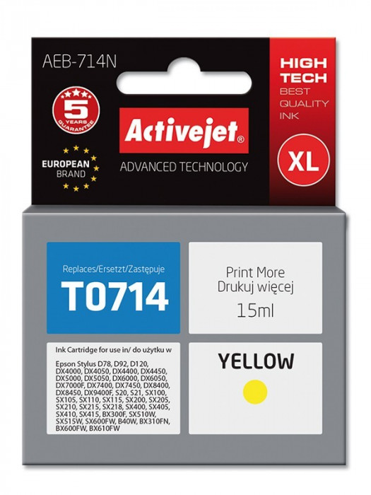 Cartus compatibil T0714 C13T071440 Yellow pentru Epson, Premium Activejet, Garantie 5 ani