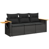 Set mobilier de gradina cu perne, 3 piese, negru, poliratan