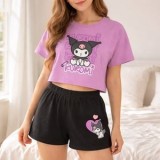 Set Pijama de Vară pentru Fete, Crop Top și Pantaloni Scurți, Lila și Negru, Bumbac, CMCLASS