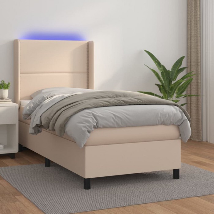 vidaXL Pat cu arcuri, saltea și LED, cappuccino, 90x200cm, piele eco 3139306