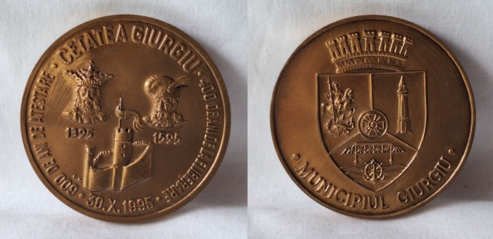 medalia Municipiul GIURGIU &amp; Cetatea Giurgiului, medalie aniversara 600 de ani de atestare, voievozii Mircea cel Bătr&acirc;n si Mihai Viteazul #2