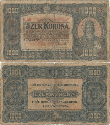 1923 ( 1 VII ) , 1,000 korona ( P-75b ) - Regatul Ungariei foto