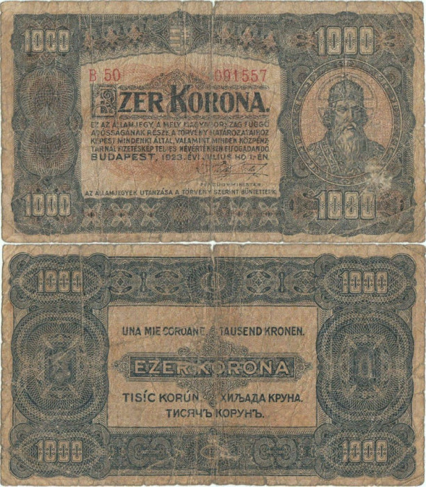 1923 ( 1 VII ) , 1,000 korona ( P-75b ) - Regatul Ungariei