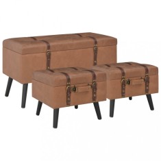 vidaXL Taburete cu depozitare, 3 buc., maro, piele ecologică