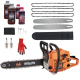 Cumpara ieftin *PACHET* 55cmc Drujba benzina + 3 lanturi + 2 lame + x2 ulei ungere lant 1L + x2 ulei amestec 0.5L + x2 bujii + accesorii + manusi protectie, Evotools