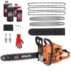 *PACHET* 55cmc Drujba benzina + 3 lanturi + 2 lame + x2 ulei ungere lant 1L + x2 ulei amestec 0.5L + x2 bujii + accesorii + manusi protectie, Evotools