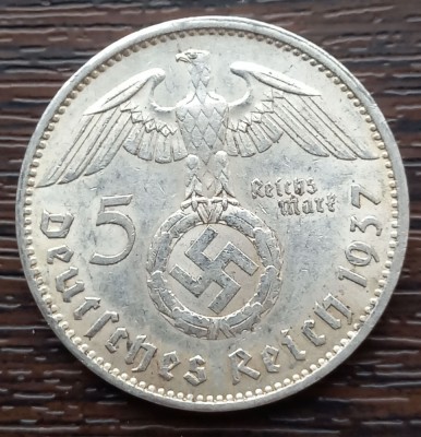 (A722) MONEDA DIN ARGINT GERMANIA - 5 MARK 1937, LIT. A, VARIANTA CU SWASTIKA foto