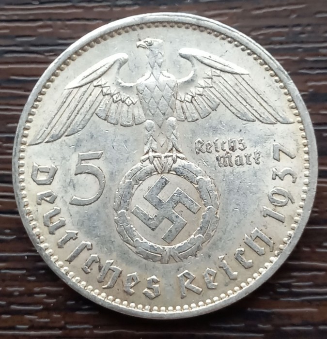 (A722) MONEDA DIN ARGINT GERMANIA - 5 MARK 1937, LIT. A, VARIANTA CU SWASTIKA