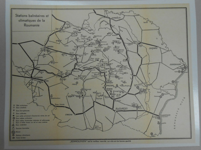 Harta statiuni balneare Romania Mare 1925, lb. franceza, impecabila, 28x36 cm