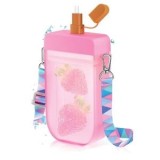 Sticla de apa in forma de inghetata, 350 ml, roz, cu pai si curea, CMCLASS