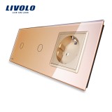 Cumpara ieftin Intrerupator touch dublu cu priza Livolo, din sticla aurie