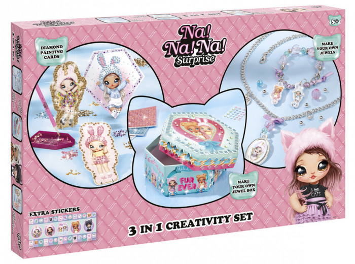 Set creativ 3 in 1, Tablouri cu diamante, Cutie de bijuterii si set de bijuterii Na!Na!Na! Surprise