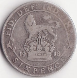 Moneda Argint Regatul Unit al Marii Britanii si Irlandei - 6 Pence 1918, Europa