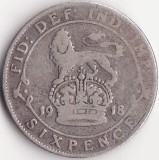 Moneda Argint Regatul Unit al Marii Britanii si Irlandei - 6 Pence 1918, Europa