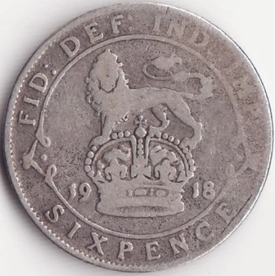 Moneda Argint Regatul Unit al Marii Britanii si Irlandei - 6 Pence 1918 foto