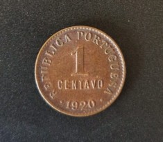 Portugalia 1 Centavo 1920 aUNC moneda bronz aproape necirculata km #565
