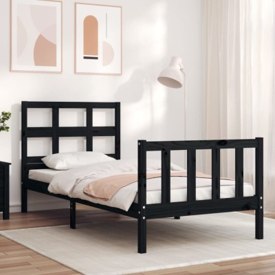 vidaXL Cadru de pat cu tăblie Small Single, negru, lemn masiv foto