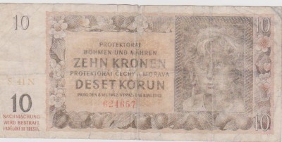 PROTECTORATUL CEHIEI SI MORAVIEI 10 KORUN /1942 -RARA foto