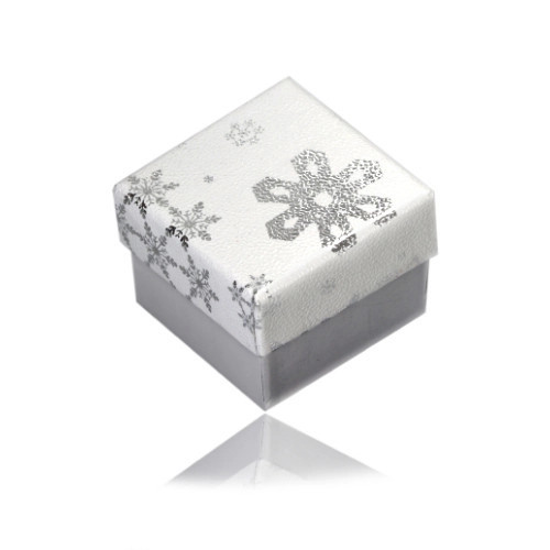 Cutie cadou pentru cercei sau inel - motiv de iarnă, combinație de culori alb-argintiu, fulgi de zăpadă