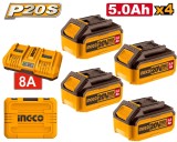 Cumpara ieftin Set baterii 20V 5.0Ah (4 buc) cu incarcator dublu 4A+4A, pentru scule P20S, acumulator INGCO FBCLI20285