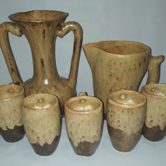 Serviciu vintage ceramic Vallauris, handmade, amfora, ulcior, cinci cani (rar)