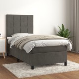 Pat box spring cu saltea, gri &icirc;nchis, 90x190 cm, catifea GartenMobel Dekor, vidaXL