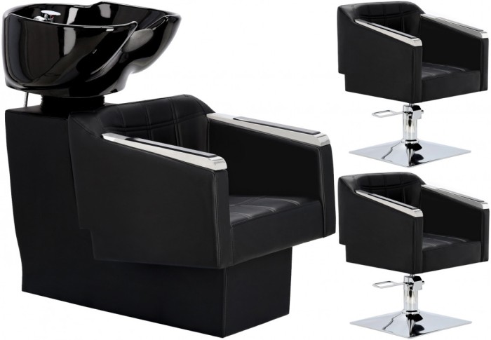 Set Scafă coafor profesională unitate de spălare model Pikos + 2 x scaune de coafură hidraulic pivotant pentru picioare și accesorii bol ceramic