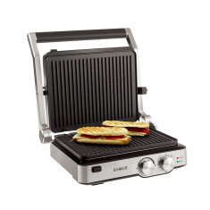 Grill electric Samus, 2000 W, 29 x 23 cm, carcasa inox/plastic, placi tip grill, reglaj temperatura, Negru/Argintiu