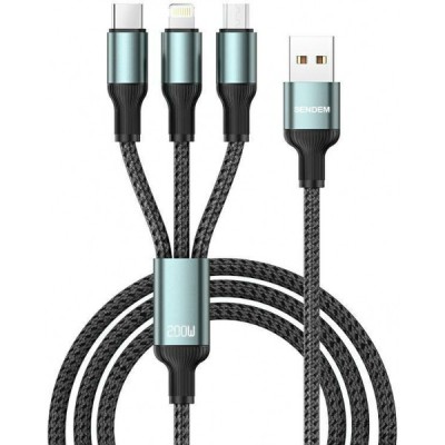 Cablu Incarcare USB-A - Lightning / microUSB / USB-C Sendem M51 3in1, 200W, 1.2m, Gri foto