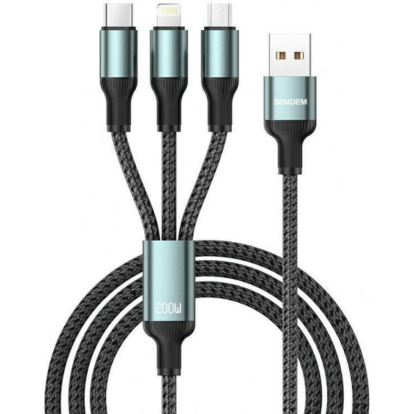 Cablu Incarcare USB-A - Lightning / microUSB / USB-C Sendem M51 3in1, 200W, 1.2m, Gri