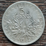 (A528) MONEDA DIN ARGINT FRANTA - 5 FRANCS 1962, SEMANATOAREA, 12 GRAME, AG 835, Europa