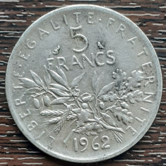 (A528) MONEDA DIN ARGINT FRANTA - 5 FRANCS 1962, SEMANATOAREA, 12 GRAME, AG 835