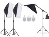 Cumpara ieftin Kit 3 softbox cu macara si 3x bec LED 50W, Negru, Oem