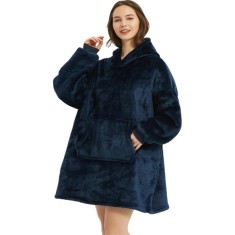 Patura cu maneci, tip hanorac lung, marime universala, din fleece captusit cu blana, cu buzunare, mansete si gluga, albastru