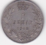 Serbia 1 Dinar Argint 1912 - Moneda Veche din Argint