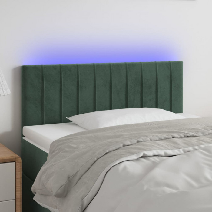 vidaXL Tăblie de pat cu LED, verde &icirc;nchis, 100x5x78/88 cm, catifea