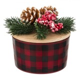 Lum&acirc;nare Decorativă Crăciun, Ecru, Pahar Sticlă Roșu Carouri, Capac Lemn, 10x11cm, Oem