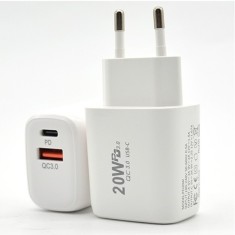 Incarcator Fast Charging pentru Telefon, Flippy, Dual Port USB-A si USB-C cu Cap de Incarcare Standard European, Power Delivery 20W Q.C 3.0, Alb