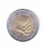 Moneda Italia 500 lire 1998, comemorativa FAO - IFAD, 1978-1998, stare foarte bu, Europa, Bronz-Aluminiu
