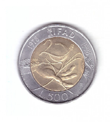 Moneda Italia 500 lire 1998, comemorativa FAO - IFAD, 1978-1998, stare foarte bu foto