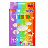 Creioane colorate Jumbo, pigmenti intensi, corp gros din lemn, ascutitoare inclusa, set 12 culori, Nebo