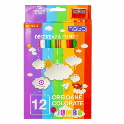 Creioane colorate Jumbo, pigmenti intensi, corp gros din lemn, ascutitoare inclusa, set 12 culori foto